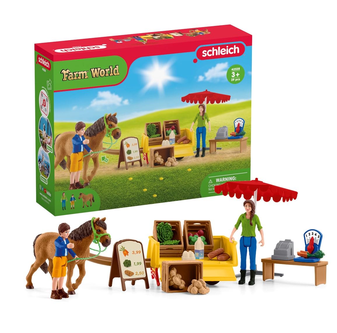 Schleich Farm World - Sunny Day Mobile Farm Stand Playset, Farm Play Set with Farmer Dolls, Horse and Mobile Produce Stand, Farm Animal Toys for Kids Ages 3+