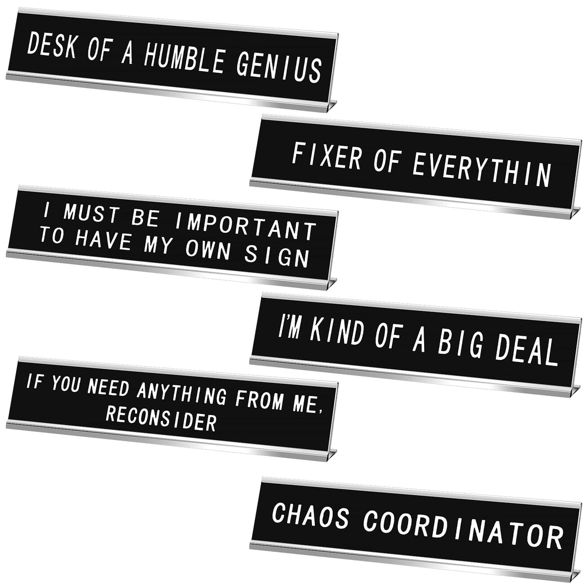 Menkxi 6 Pcs Funny Desk Sign Plaques for Office Decor, Novelty Desk Sign Nameplate for Manager Gifts Work Accessories, Letters on Black Background, 10 x 2 Inches(White Letters, Silver Base)