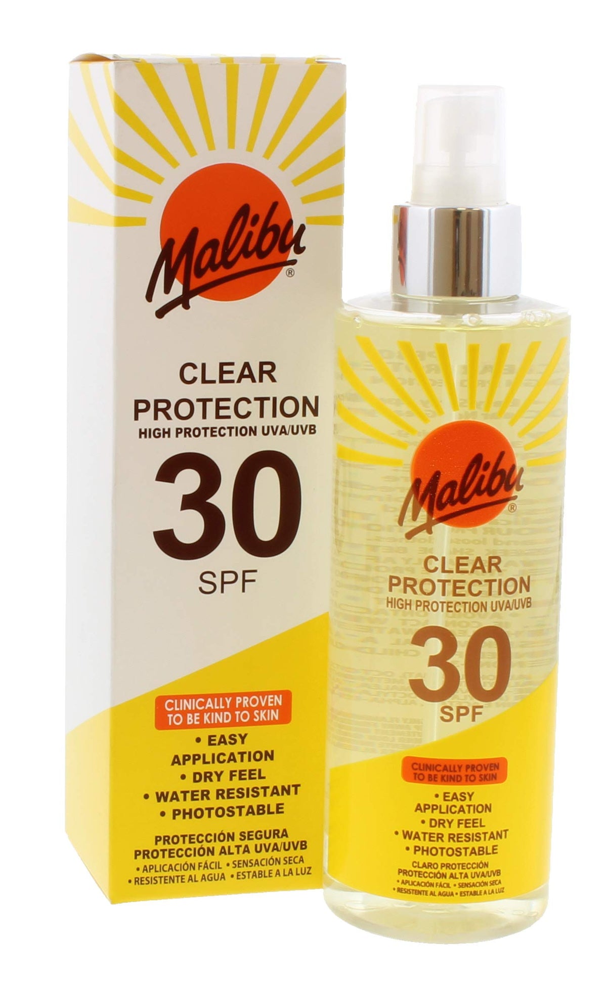 Malibu Sun SPF 30 Clear Spray Sunscreen, High Protection, Dry Feel, Water Resistant, 250ml