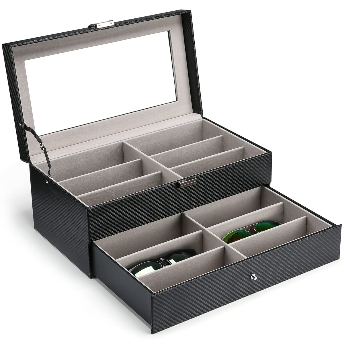 ProCase Sunglass Organizer for Dad, Multiple Glasses Organizer Multi Eyeglass Eyewear Display Case, 12 Slots Leather Glasses Storage Box with Glass Lid