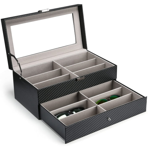 ProCase Sunglass Organizer for Dad, Multiple Glasses Organizer Multi Eyeglass Eyewear Display Case, 12 Slots Leather Glasses Storage Box with Glass Lid
