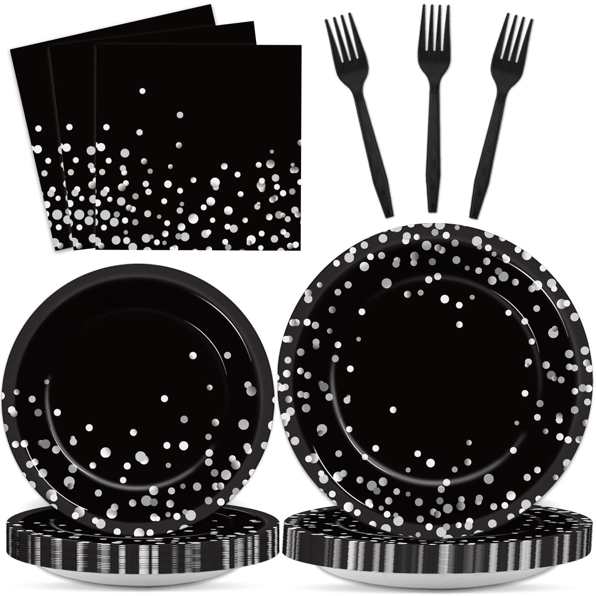 96 Pcs Black and Silver Party Supplies Paper Plates Napkins Silver Dot on Black Party Birthday Tableware Kit Black and White Birthday Decorations Favors Serves 24