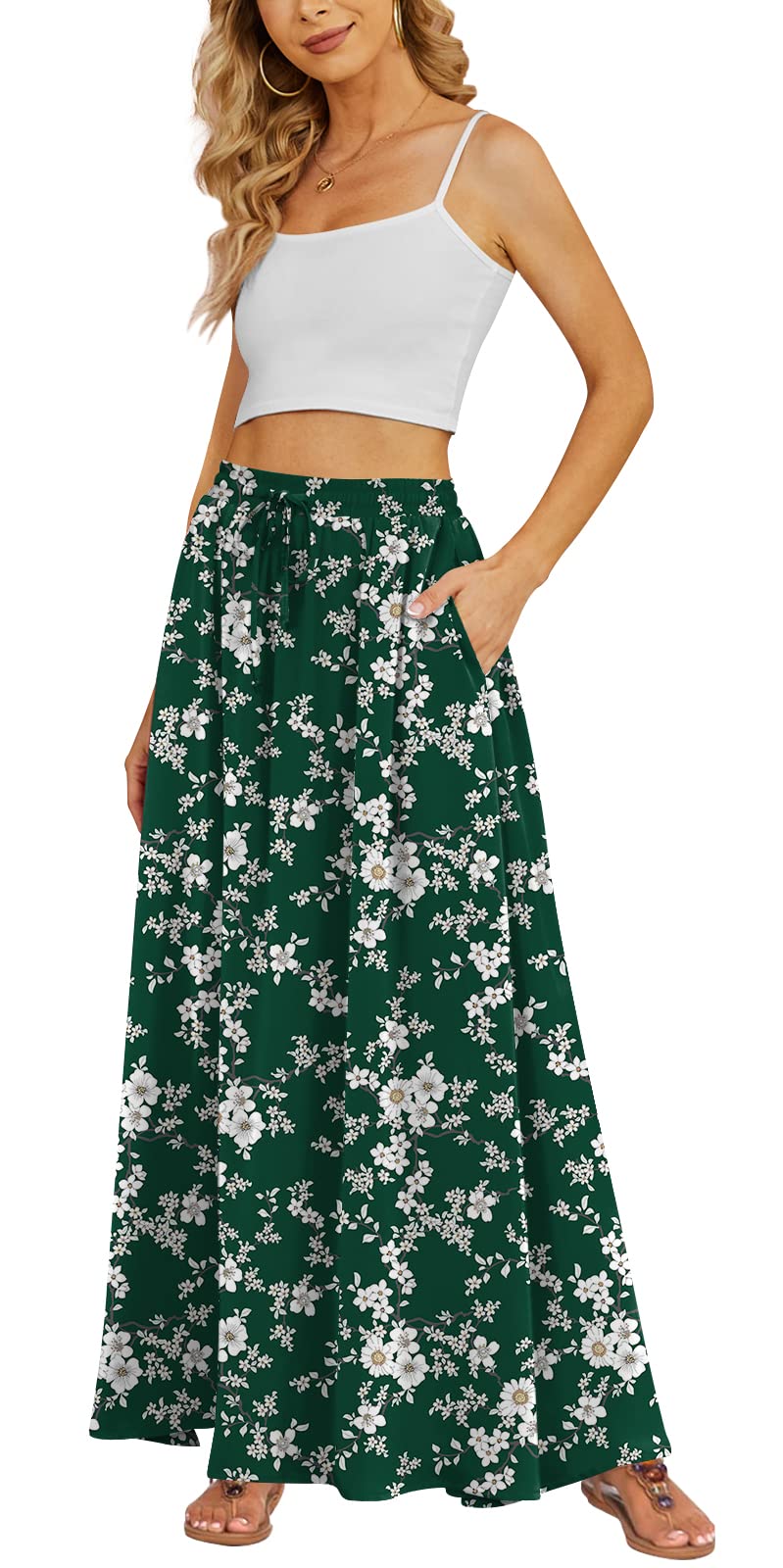 Yincro Women's Flowy Maxi Skirt Summer Pleated High Waisted Casual Long Skirts with Pockets (White Flower Green, S)