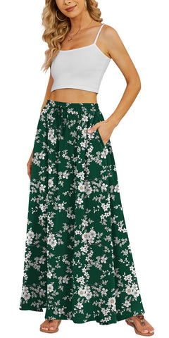 Yincro Women's Flowy Maxi Skirt Summer Pleated High Waisted Casual Long Skirts with Pockets (White Flower Green, S)