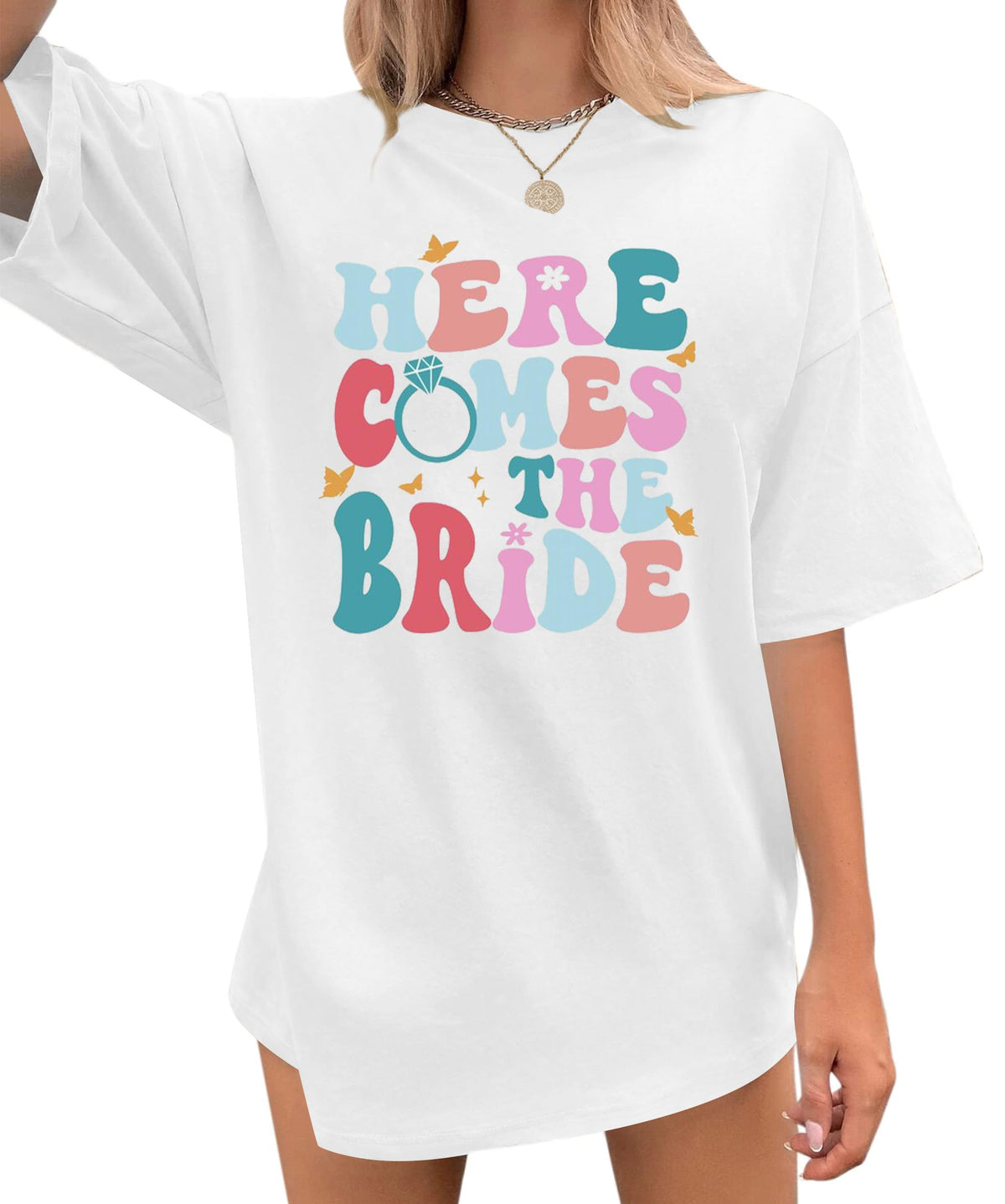 Bachelorette Shirt Women Bride Tshirt - Here Comes Bride Tee Party Shirt Bridal Shirt Casual Short Sleeve Oversized Top White