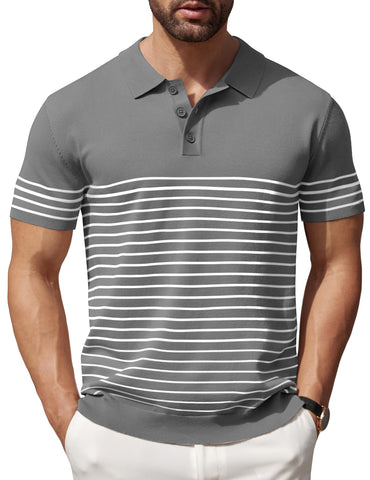 COOFANDY Mens Knit Polo Shirts Casual Short Sleeve Striped Polo Top Shirts Button Down Business Shirts, Grey, Medium