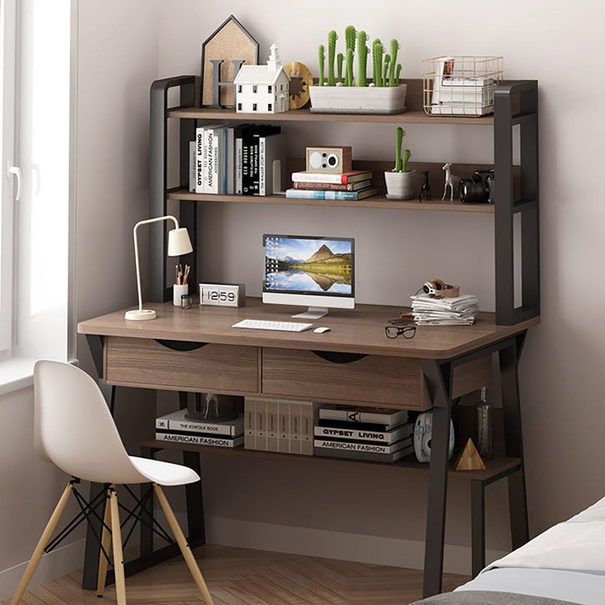 Computer desk with shelf and bookshelf, home office desk, work table with top shelves, modern table desk with shelf for learning and writing (80 x 50 x 74 cm (31 x 20