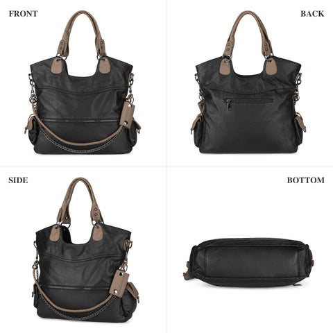 VINBAGGE Leather Ladies Bags Washed Vegan Leather bags for Women Large Capacity Multiple Pockets Cross Body Shoulder bags,Tote Purse Black