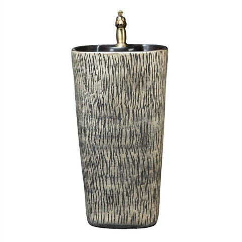 Bathroom Pedestal Sink Outdoor Ceramic Pedestal Sink, Floor Standing Pedestal Sink Combo, Integrated Bathroom Sink Wash Basin with Hand Carved, All Copper Faucet, Space Saving Freestanding Sink Vanity