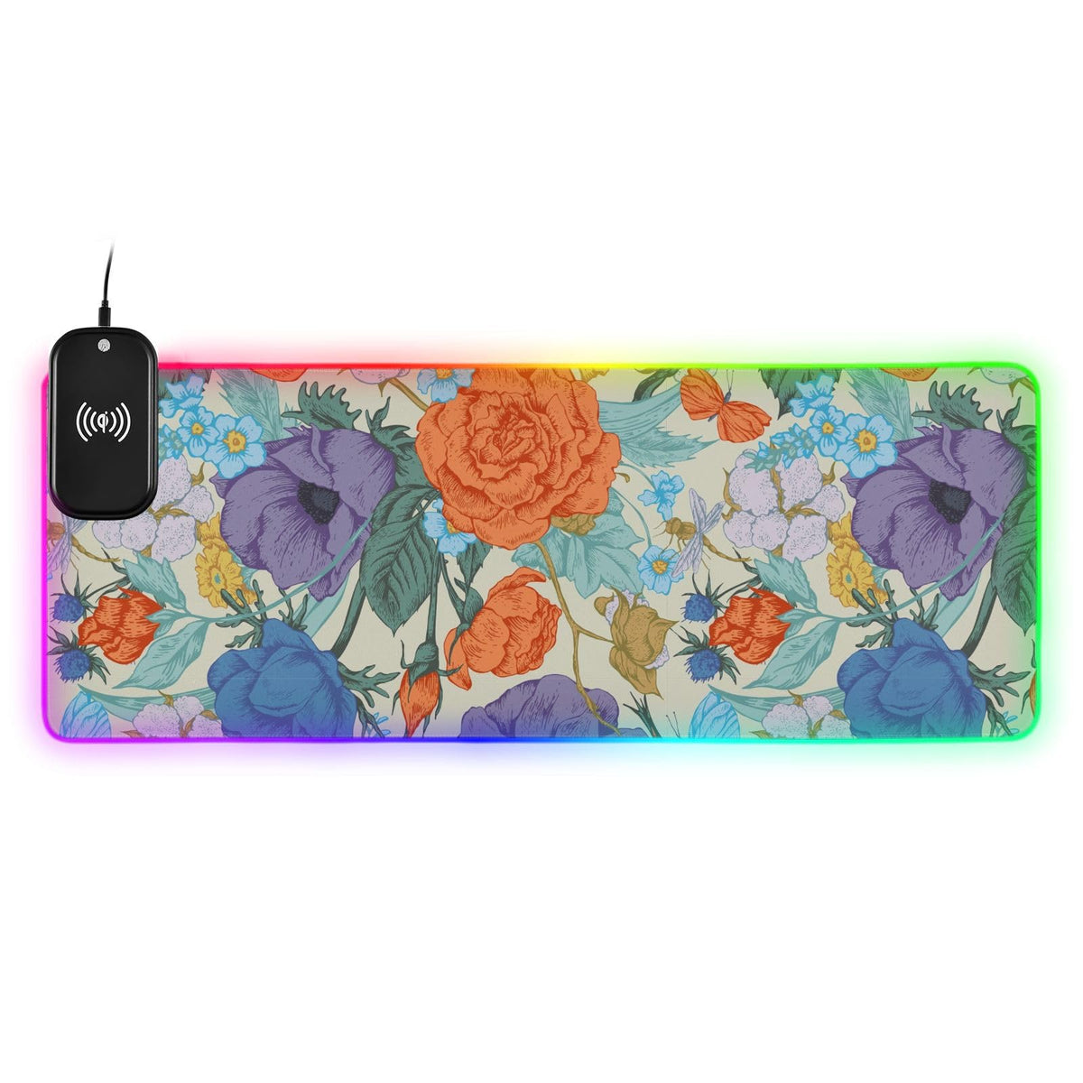 Flower Birds Leaves Vintage Wireless Charging Mouse Pad for Mobile Phone Extra Large Gaming Mousepad with 13 Lighting Modes Mouse Mat for Gaming MacBook PC Laptop Desk Office Home