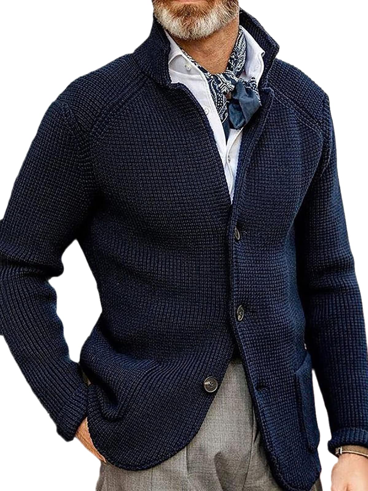 HanzhuoLG Men's Slim Knitted Suit Coat Autumn Winter Three Buttons Solid Color Stand Collar Cardigan Suit Jacket navy blue M