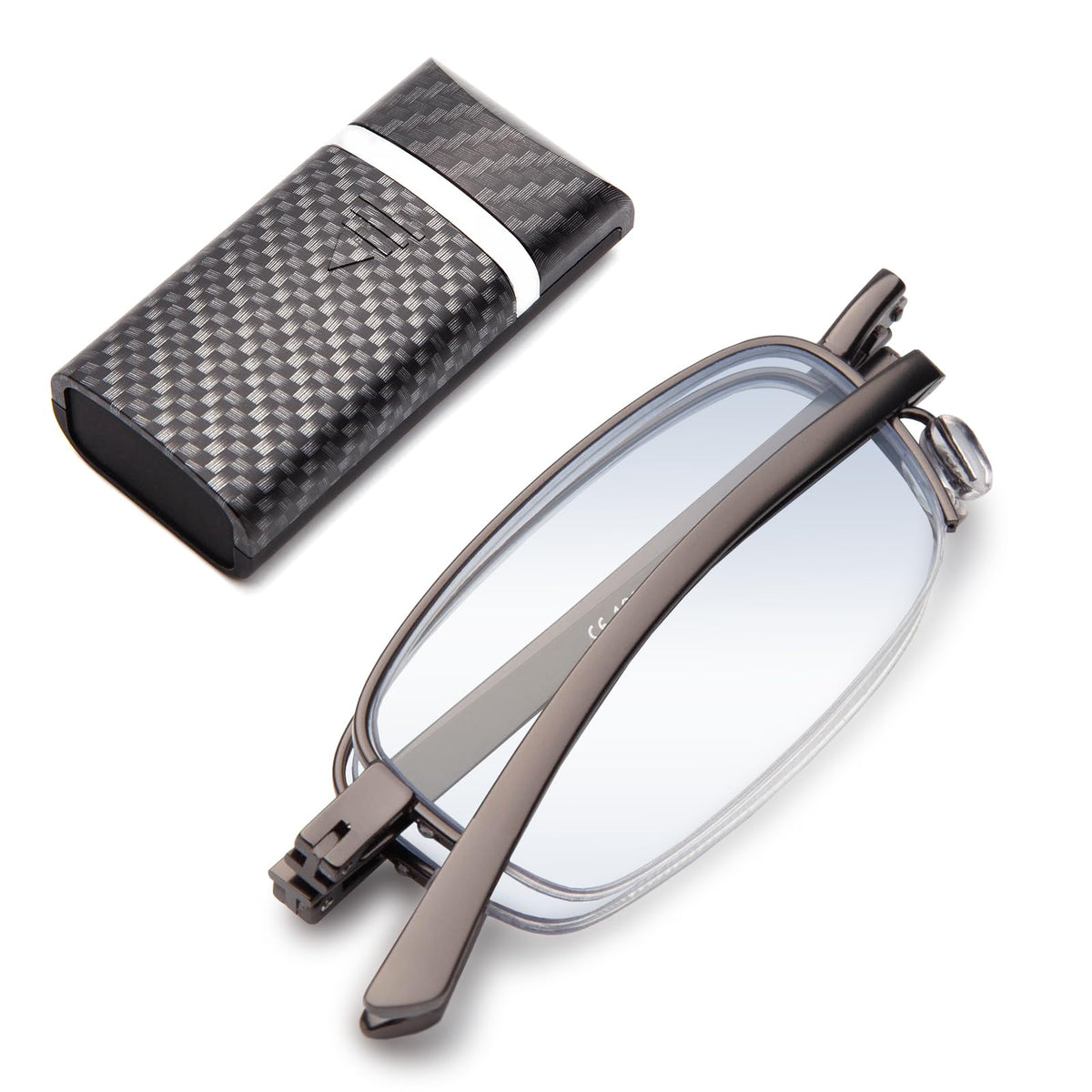 DEHOTRE Folding Reading Glasses for Men Women Blue Light Blocking Compact Readers with Case Metal Half Frame Flat Eyeglasses Dark Gun 2.00