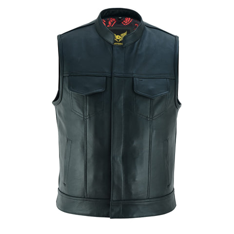 Leatherick Groove Club Menâ€™s Black Leather Leather Motorcycle Vest - Red & Black Traditional Paisley Satin Liner with Black Stitching (XX-Large), Red & Black Paisley (With Black Stitching), XXL