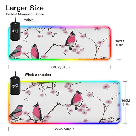 Branch Birds Blossom Wireless Charging Mouse Pad for Mobile Phone Extra Large Gaming Mousepad with 13 Lighting Modes Computer Mat for Gaming MacBook PC Laptop Desk Home Office