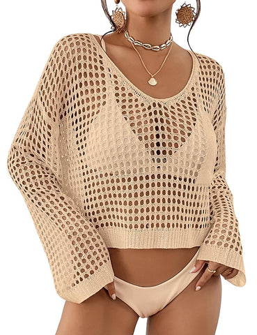 Bsubseach Womens Crochet Crop Top Beach Swimsuit Cover Up Long Sleeve Hollow Out Bathing Suit Cover Ups Summer Outfits Apricot