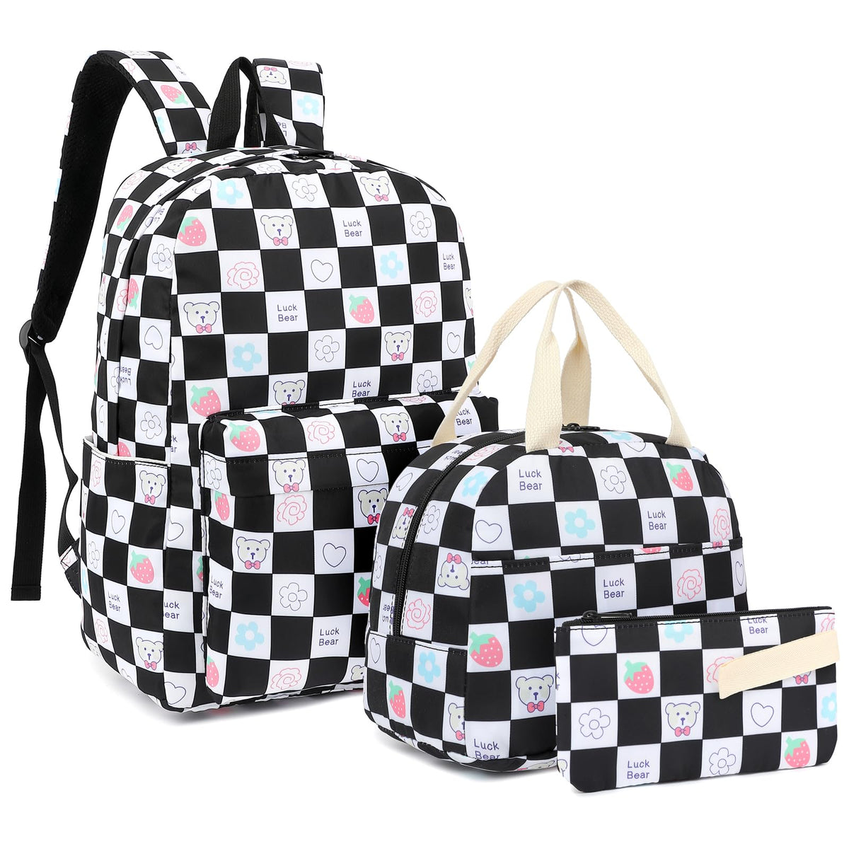 Mimfutu Checkered Bear School Backpack for Teen Girls, 3-in-1 Kids Backpack Bookbag Set School Bags with Lunch Box Pencil Case (Black)