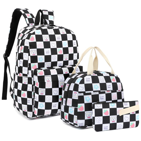 Mimfutu Checkered Bear School Backpack for Teen Girls, 3-in-1 Kids Backpack Bookbag Set School Bags with Lunch Box Pencil Case (Black)