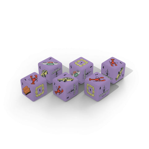 USAOPOLY Friends Dice Set | Collectible d6 Dice Featuring Characters & References - Picture Frame, Lobster, Couch, Fountain, Central Perk Sign, Phoebe's Taxi | Officially Licensed 6-Sided Dice