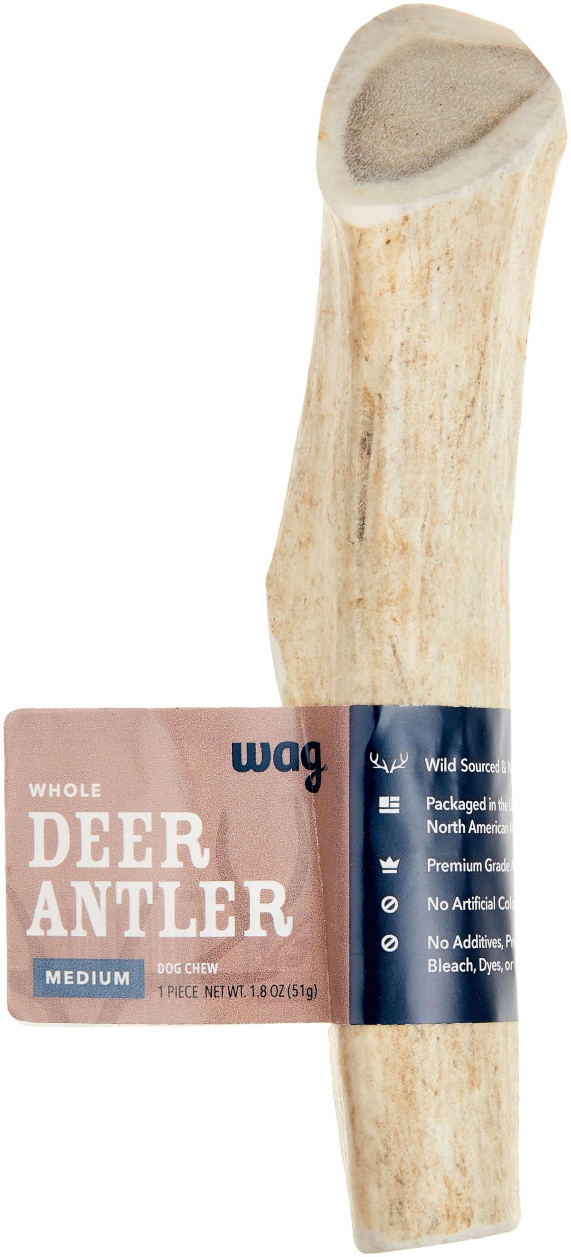 Amazon Brand - Wag Deer Antler Chew for Dogs, Naturally Shed, Whole, Medium 6 - 7.5 inches, Best for Dogs 15-30 lbs, 1.80 Ounce (Pack of 1)