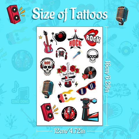 20 Sheets Rock and Roll Temporary Tattoos Party Favors for Rock Star, Born to Rock, 50s/80s Rock Theme Party Decorations Supplies Gifts
