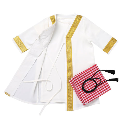 Muslim Clothes for Baby Boy Arabian Robe Red Plaid Turban Scarf Newborn Islamic Thobe Eid Ramadan Dubai Attire Infant Middle East Abaya Saudi Turkish Kaftan Kurta White (4PCS) 0-3 Months