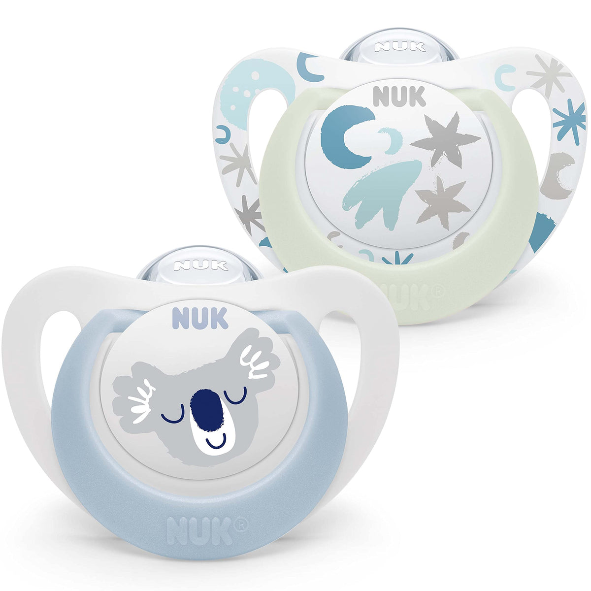 NUK Star Night & Day Baby Pacifier - 0-6 Months - Glow in The Dark Pacifiers - BPA-Free Silicone - Koala Blue - 2 Pieces