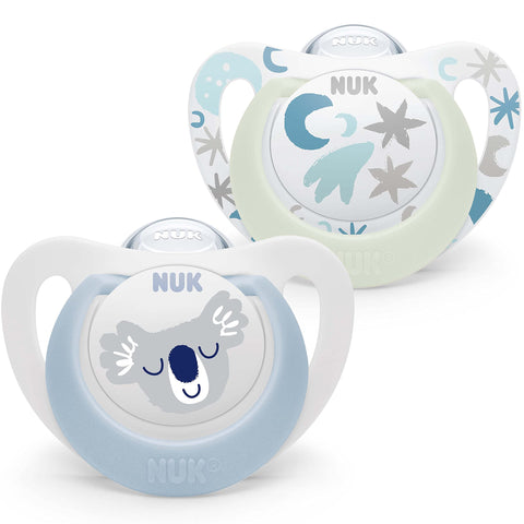 NUK Star Night & Day Baby Pacifier - 0-6 Months - Glow in The Dark Pacifiers - BPA-Free Silicone - Koala Blue - 2 Pieces