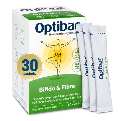 Optibac Probiotics Bifido & Fibre - Vegan Digestive Probiotic Supplement with FOS Fibre to Maintain Regularity & 25 Billion Bacterial Cultures - 30 Sachets