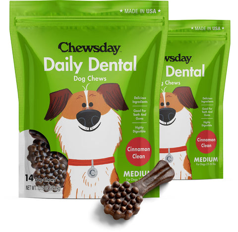 Chewsday Medium Cinnamon Clean Daily Dental Dog Chews, Made in The USA, Natural Highly-Digestible Oral Health Treats for Healthy Gums and Teeth - 28 Count