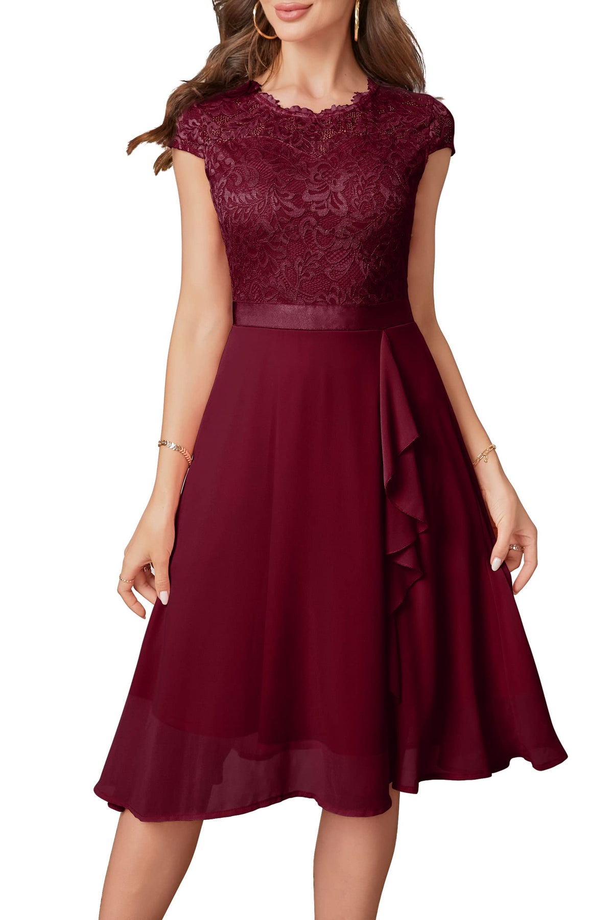 Women's Cocktail Dresses for Women Evening Party, Tea Party Dresses for Women 2024 Wedding Guest Dress, Black Prom Semi Formal Dress Elegant Lace Silk Bridal Shower Dress for Women Burgundy L