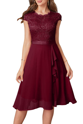 Women's Cocktail Dresses for Women Evening Party, Tea Party Dresses for Women 2024 Wedding Guest Dress, Black Prom Semi Formal Dress Elegant Lace Silk Bridal Shower Dress for Women Burgundy L