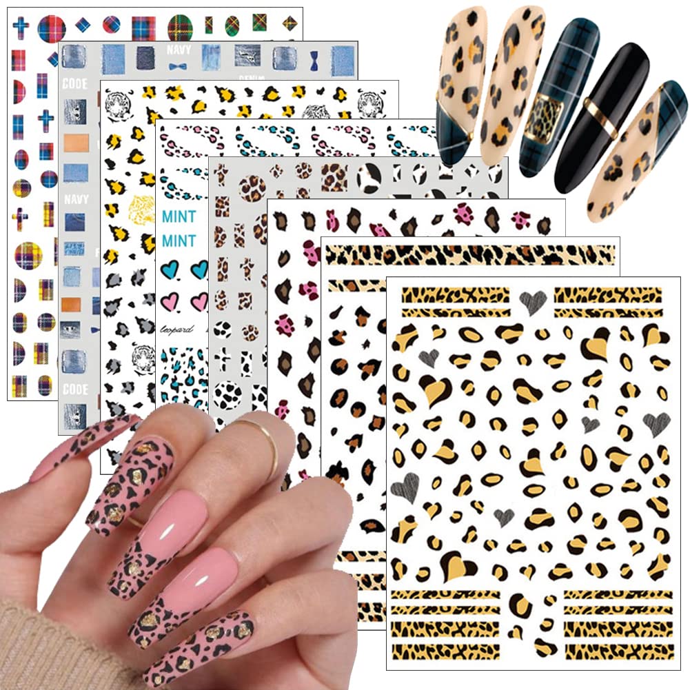 8 Sheets Leopard Nail Stickers for Nail Art, Leopard French Nail Decals DIY Nail Art Supplies for Nail Decorations Designer, Frensh Nail Sticker for Women Girls DIY Manicure Tips Nail Charms