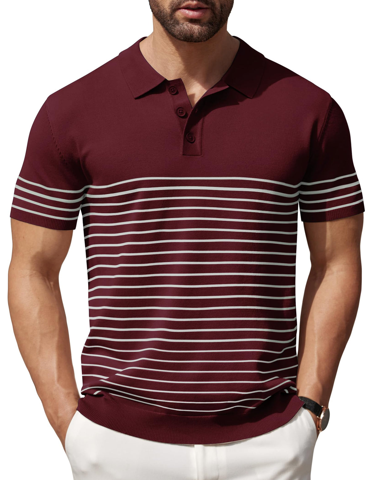 COOFANDY Mens Short Sleeve Polo Shirt Striped Knit Polo T Shirt Lightweight Classic Fit Shirts, Wine Red, XX-Large