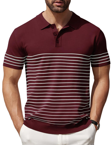 COOFANDY Mens Short Sleeve Polo Shirt Striped Knit Polo T Shirt Lightweight Classic Fit Shirts, Wine Red, XX-Large