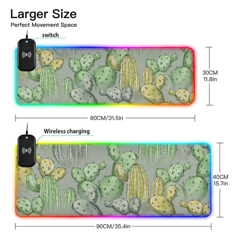 Hand-Drawn-Cactus-Background Wireless Charging Mouse Pad for Mobile Phone Extra Large Gaming Mousepad with 13 Lighting Modes Mouse Mat for Office Home Gaming MacBook PC Laptop Desk