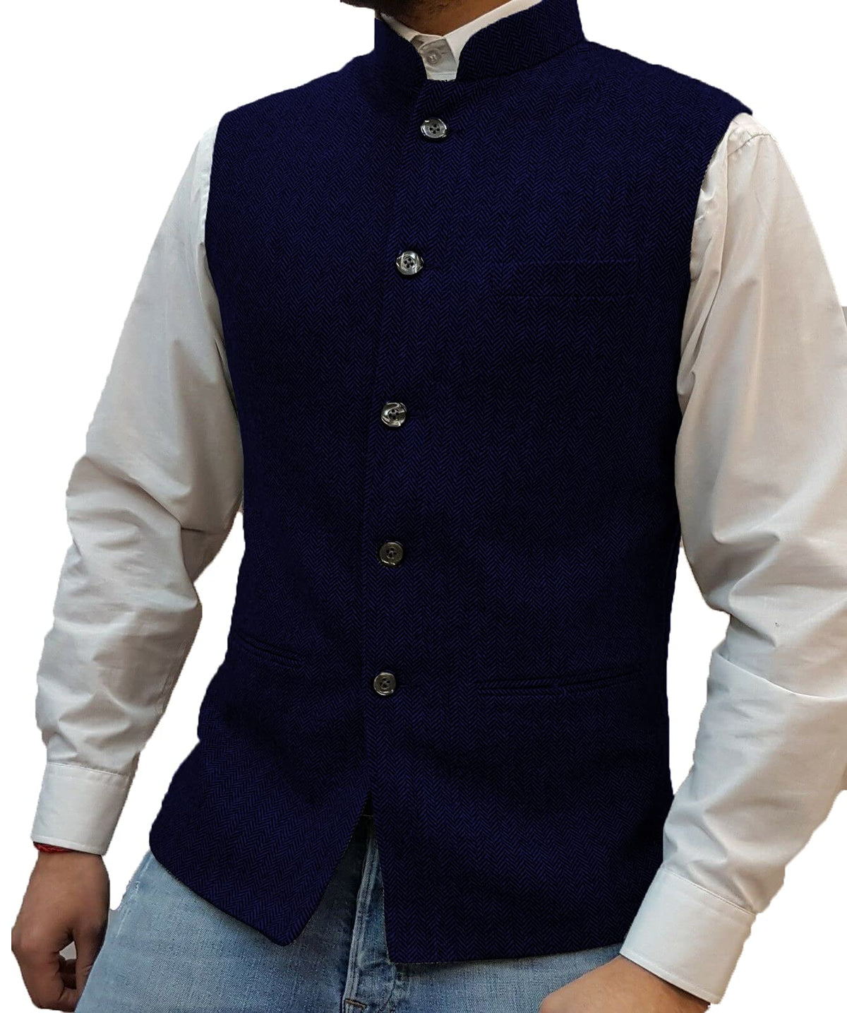 Tuikayoo Mens Herringbone Wool Vests Suit Business Tweed High Collar Waistcoats Slim Fit(3X-Large, Navy)