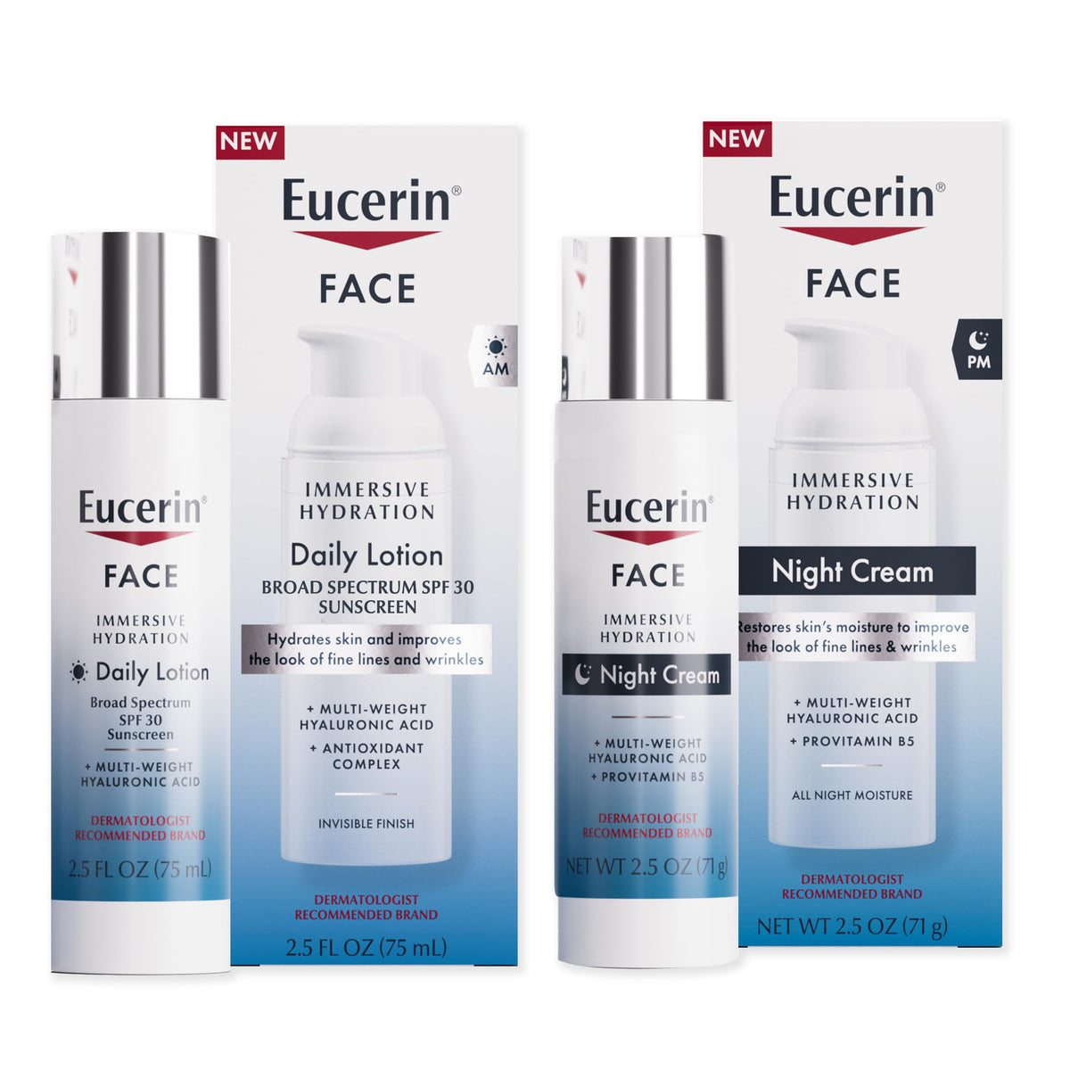Eucerin Face Immersive Hydration Combo Pack, Daily Face Lotion with SPF 30, 2.5 Fl Oz Bottle + Night Cream with Hyaluronic Acid, 2.5 Oz Bottle