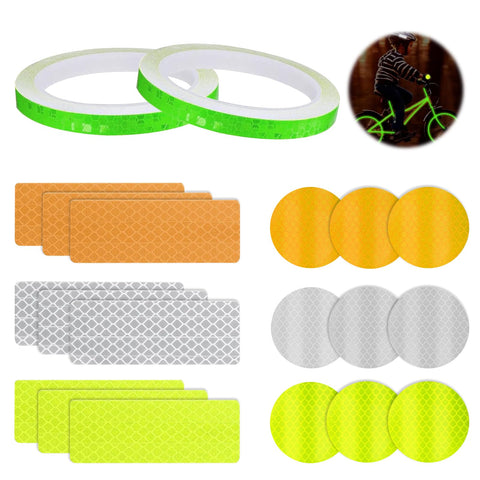 Reflective Tape Self Adhesive, 2 Rolls 1CM x 8M Reflective Warning Tape 18 Pcs High Visibility Waterproof Reflective Stickers for Car Bikes Stroller Clothing (Green Yellow White)