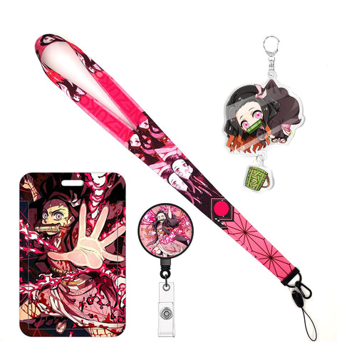 TJIUSI 4PCS Set Anime Neck Lanyard with Retractable Badge Reel and Cute Nezuko Anime ID Badge Holder(with Anime Nezuko Keychain) Swivel Clip Alligator Clip for Nurses Student Teacher Women Men
