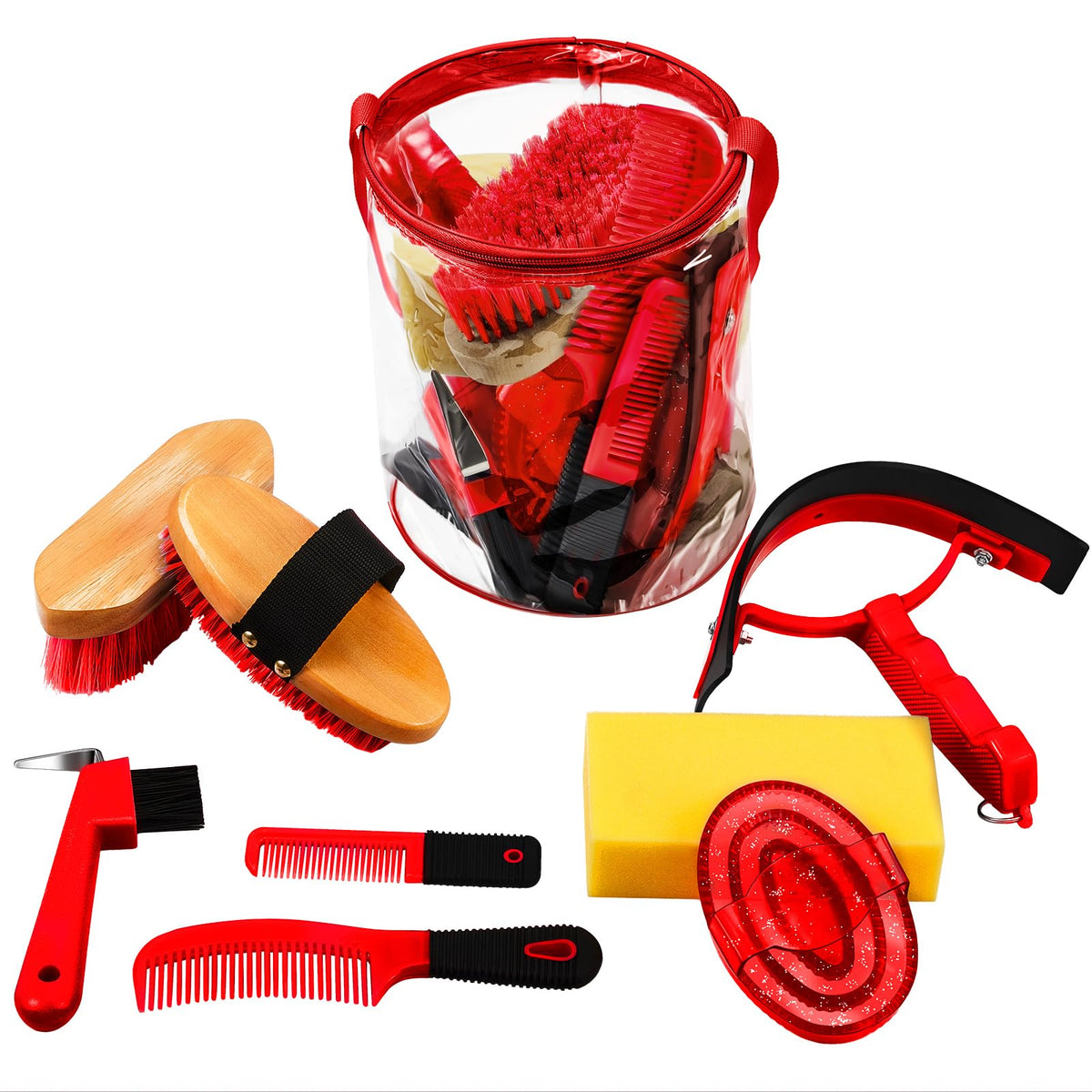 9 Pieces Horse Grooming Kit Tack Room Supplies Set with Organizer Tote Bag, Oval Massage Curry, Hard and Soft Brush, Hoof Pick, Sweat Scraper, Bathing Sponge, Combs for Horse Riders Beginners (Red)