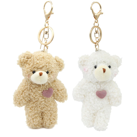 Zitokin Cute Bear Keychain for Backpacks, 2 Pcs Teddy Bear Plush Keychain with Heart Bag Charms for Women Girls Matching Gift, Brown+white Pink Heart, S