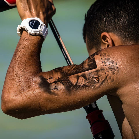 Generic 2 Sheets Large Half Arm Sleeve Temporary Tattoos For Men Women Waterproof Fake Forest Lion Jesus Cross Old School Halloween Fake Tattoo Stickers Adults Black Realistic Animals Tattoo