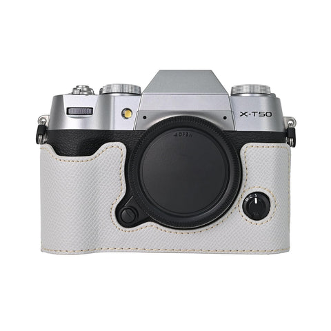 VOVMOEYA Camera Case for FUJIFILM X-T50 Mirrorless Digital Camera,Fuji XT50 Half Case With Soft microfiber Inner,Function Well With 1/4"-20 thread hole Retro PU Leather texture-Grey White