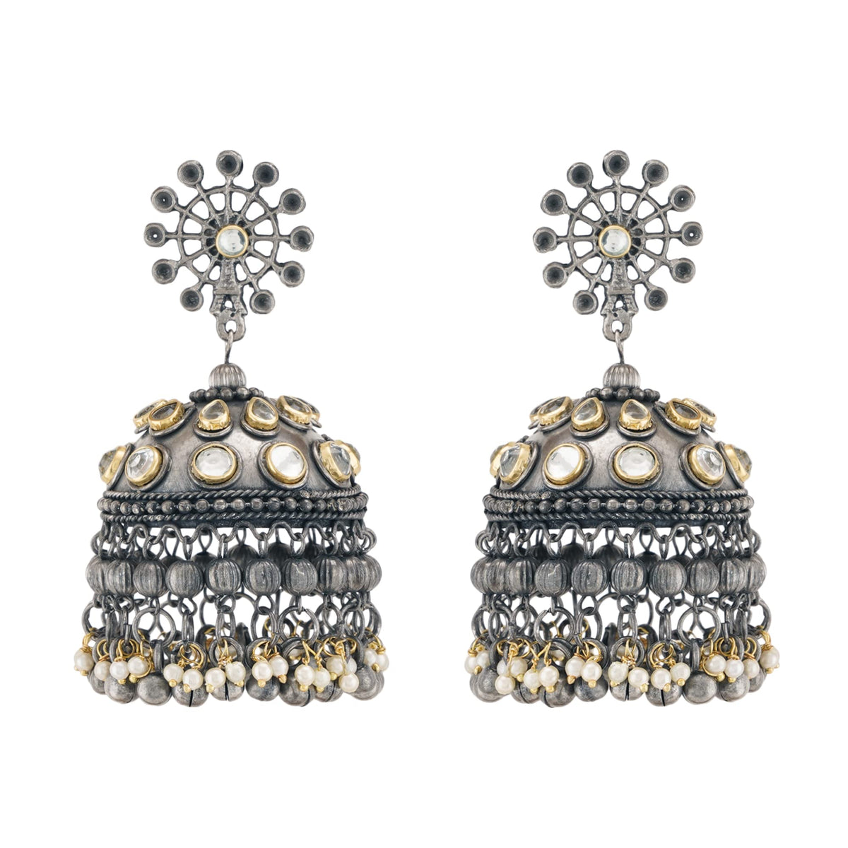Jwellmart Fashion Tribal Muse Oxidized Oxidised Collection Stylish Indian Jewelry Oversized Big Lightweight Jhumki Jhumka Earrings for Women (Stone Chain Jhumka)