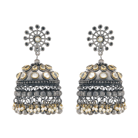 Jwellmart Fashion Tribal Muse Oxidized Oxidised Collection Stylish Indian Jewelry Oversized Big Lightweight Jhumki Jhumka Earrings for Women (Stone Chain Jhumka)