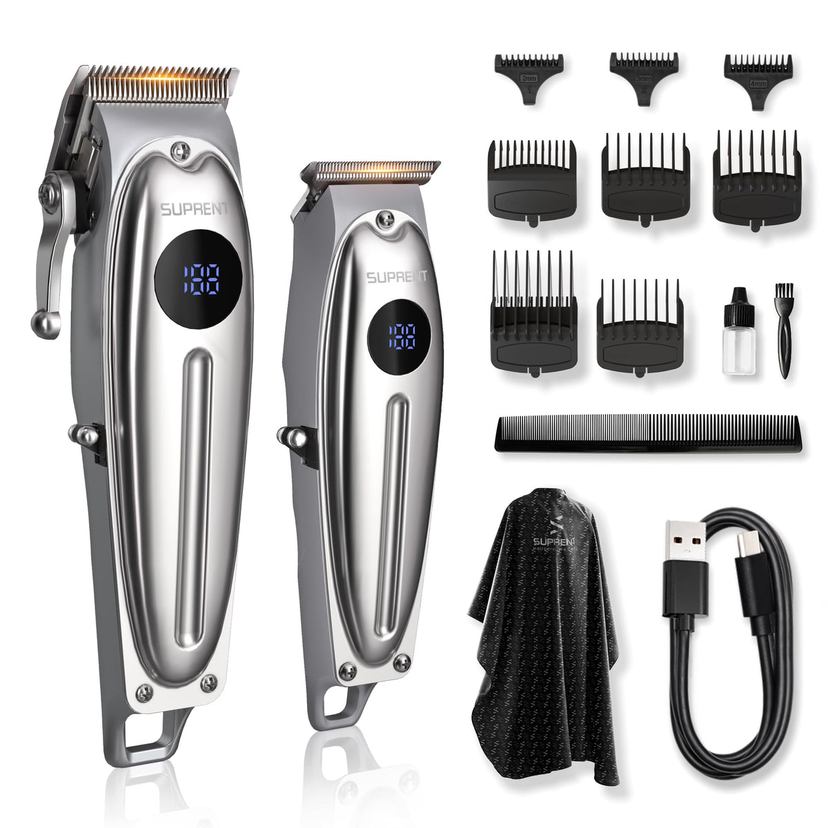 SUPRENT Professional Rechargeable Hair Clipper-Hair Clippers for Men, Cordless Hair Cutting Kit with LED Display (Silver)