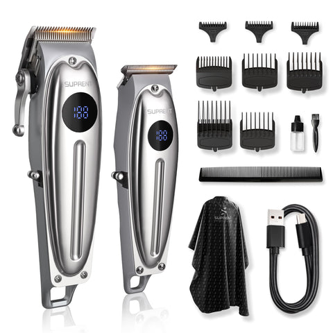 SUPRENT Professional Rechargeable Hair Clipper-Hair Clippers for Men, Cordless Hair Cutting Kit with LED Display (Silver)