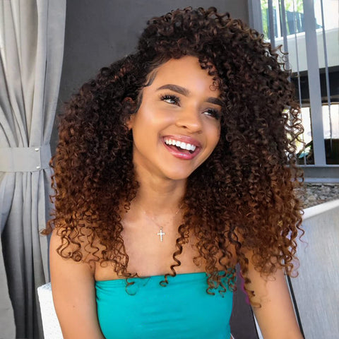 HANNE Afro Kinky Curly Yanky Twist Crochet Hair Bundles for Black Women and Men Ombre Brown Jerry Curl Curly Hair Bundles 3X Crochet Hair Synthetic Curly Hair Extensions (T1B/30)