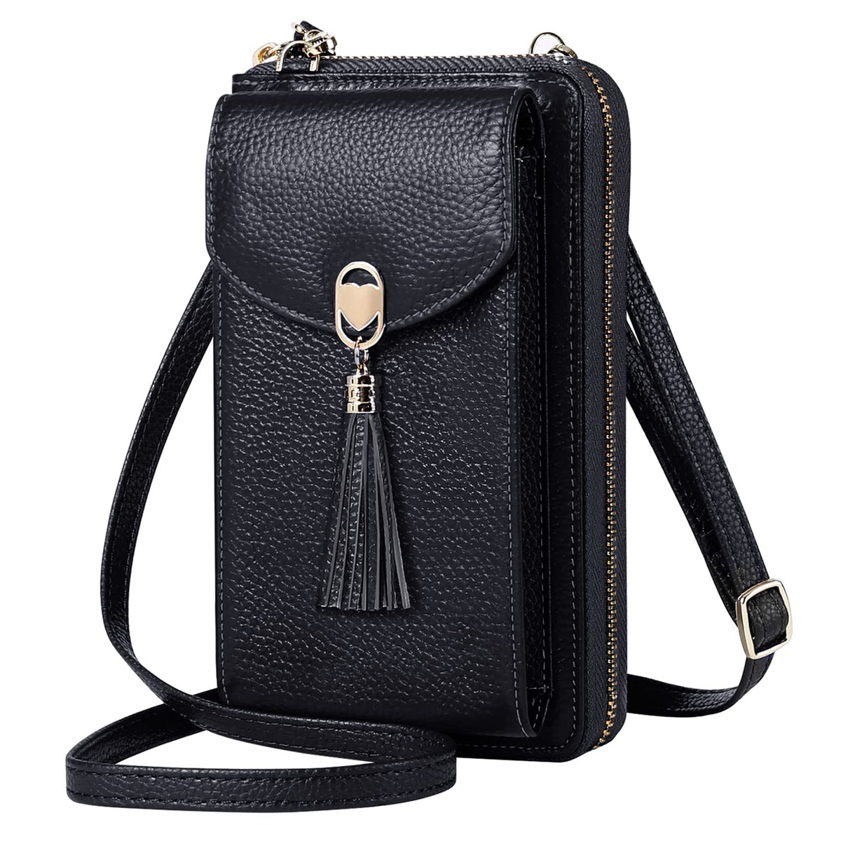 BTNEEU Crossbody Phone Bag Women RFID Blocking Genuine Leather Mobile Phone Bag with 12 Card Slots Multi Compartment Cell Phone Wallet with Zip Coin Pocket Small Shoulder Bag Purse Handbag (Black)