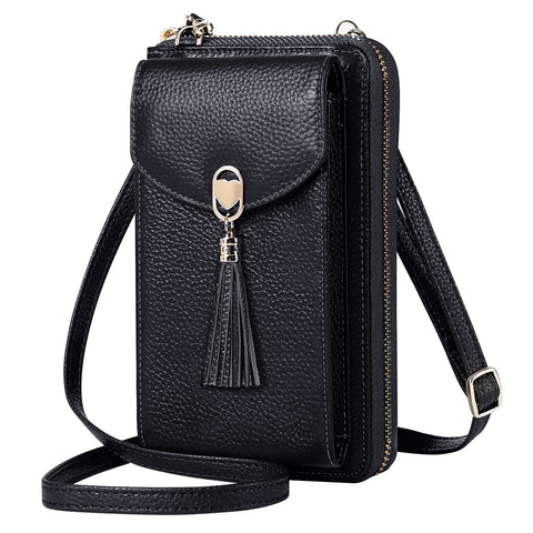BTNEEU Crossbody Phone Bag Women RFID Blocking Genuine Leather Mobile Phone Bag with 12 Card Slots Multi Compartment Cell Phone Wallet with Zip Coin Pocket Small Shoulder Bag Purse Handbag (Black)